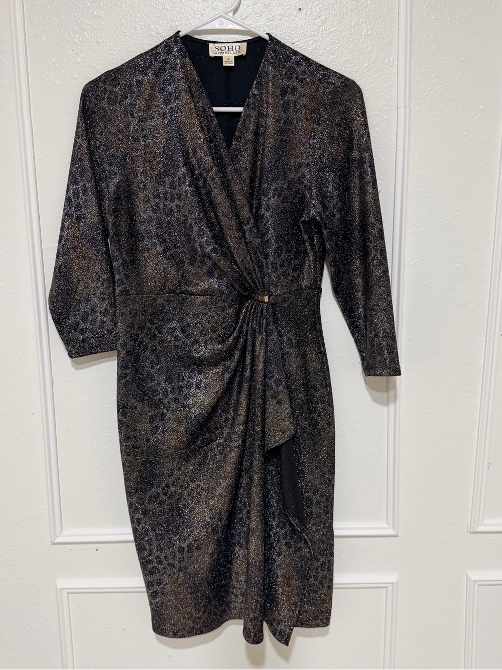 SOHO Black and Gold Metallic Wrap Sheath Dress
